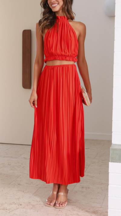 Vestido largo plisado rojo | Bella Brisa