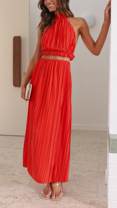 Vestido largo plisado rojo | Bella Brisa