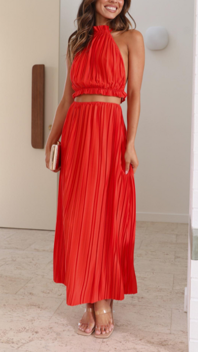Vestido largo plisado rojo | Bella Brisa