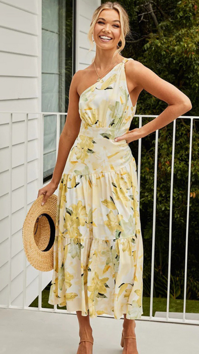 Vestido largo con estampado floral amarillo y un solo hombro | Bella Brisa