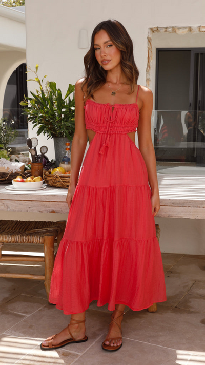 Vestido largo fruncido con cordones en Rojo | Bella Brisa