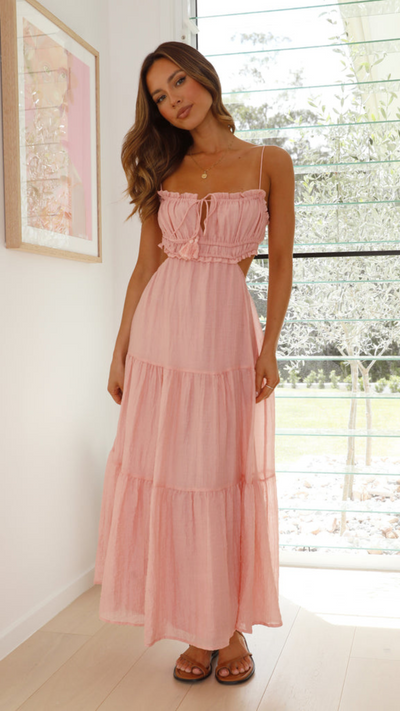 Vestido largo fruncido con cordones en Rosa | Bella Brisa