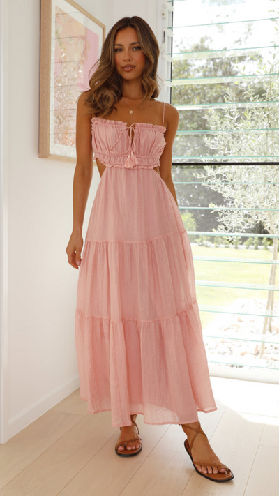 Vestido largo fruncido con cordones en Rosa | Bella Brisa