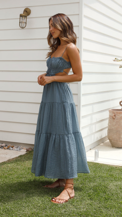 Vestido largo fruncido con cordones en Azul | Bella Brisa