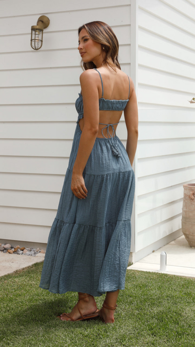 Vestido largo fruncido con cordones en Azul | Bella Brisa