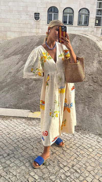 Vestido beige con estampado Veraniego | Bella Brisa
