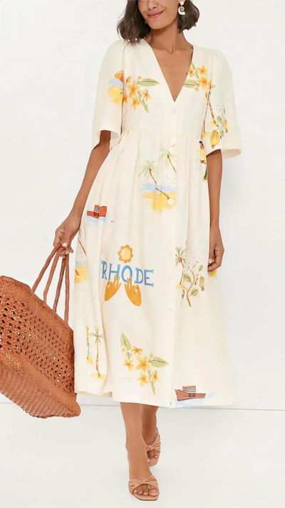Vestido beige con estampado Veraniego | Bella Brisa