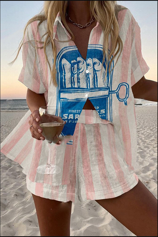 Conjunto Corto de Lino Estampado Sardina