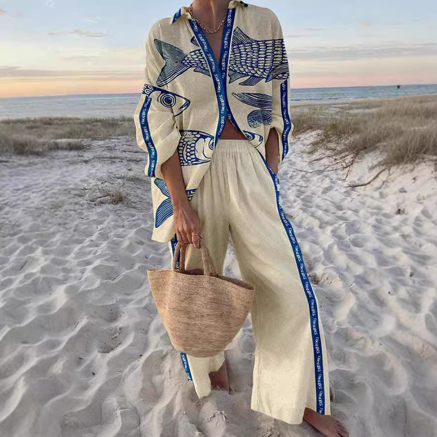Conjunto de Lino estampado peces azules