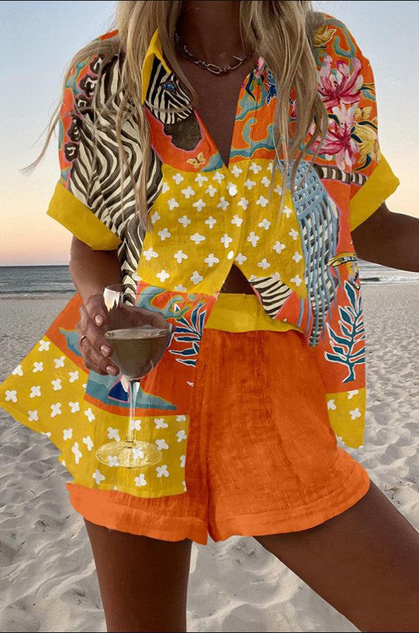 Conjunto Corto de Lino Estampado Lunares