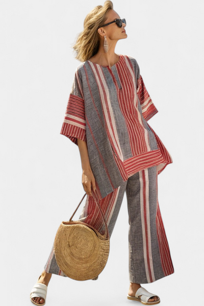 Bella Brisa™ |  Conjunto Oversize Con Rayas Rojo Coral Y Gris