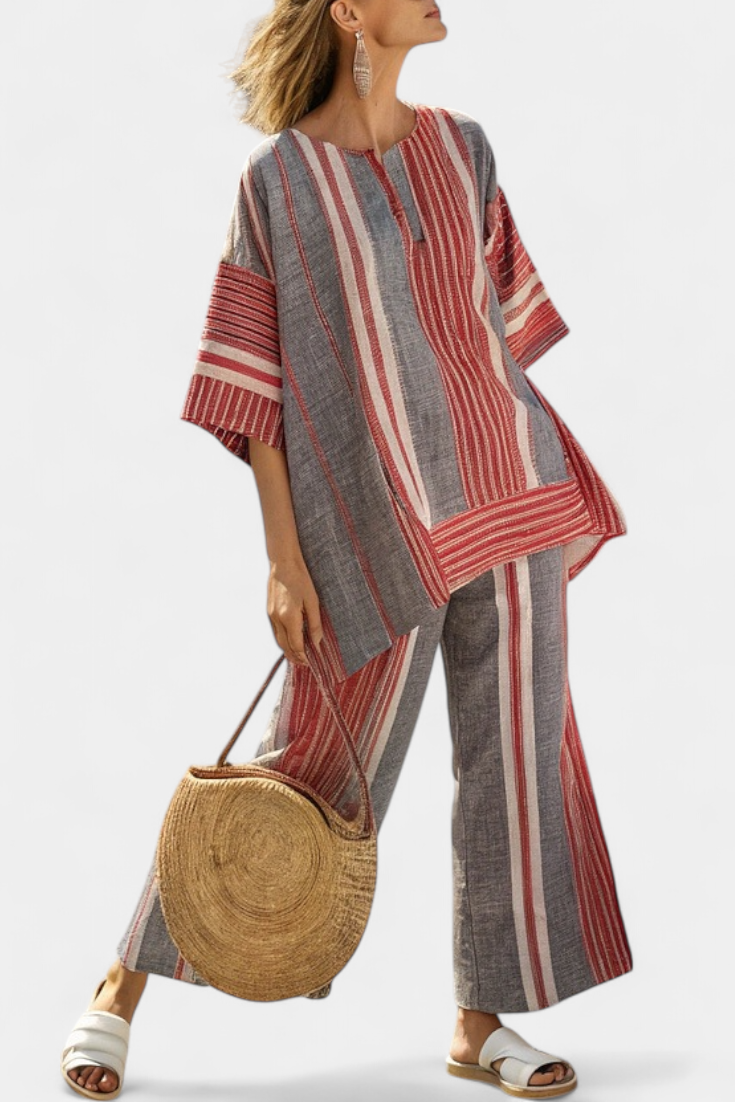 Bella Brisa™ |  Conjunto Oversize Con Rayas Rojo Coral Y Gris