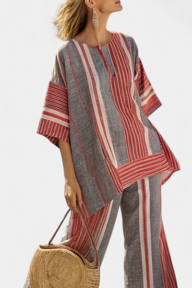 Bella Brisa™ |  Conjunto Oversize Con Rayas Rojo Coral Y Gris