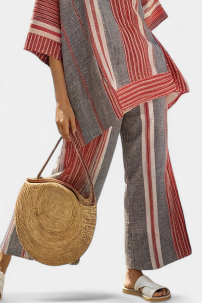 Bella Brisa™ |  Conjunto Oversize Con Rayas Rojo Coral Y Gris