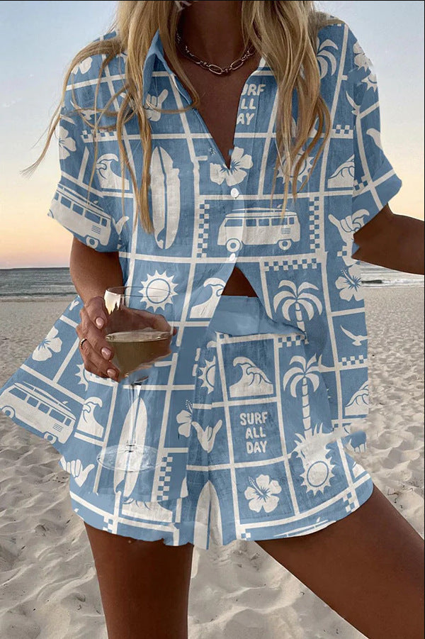 Conjunto Corto de Lino Estampado Caravana