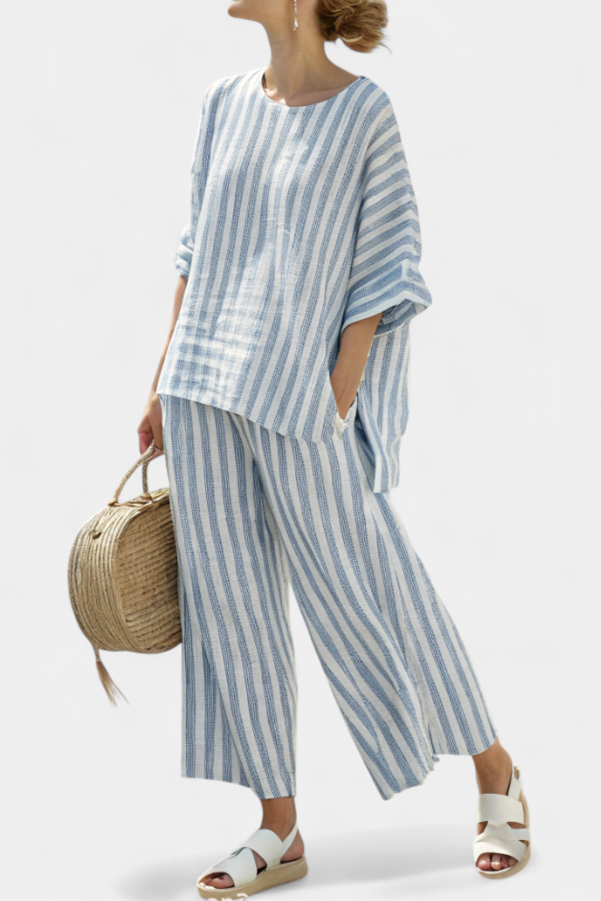 Bella Brisa™ | Conjunto Mediterráneo Con Rayas Azuladas Y Corte Oversize