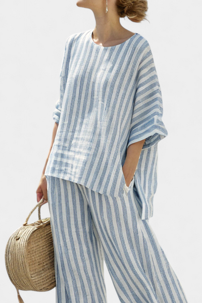 Bella Brisa™ | Conjunto Mediterráneo Con Rayas Azuladas Y Corte Oversize