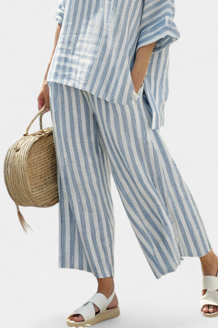 Bella Brisa™ | Conjunto Mediterráneo Con Rayas Azuladas Y Corte Oversize
