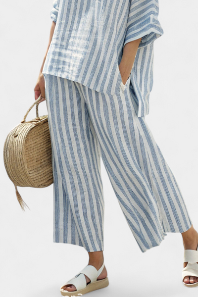 Bella Brisa™ | Conjunto Mediterráneo Con Rayas Azuladas Y Corte Oversize
