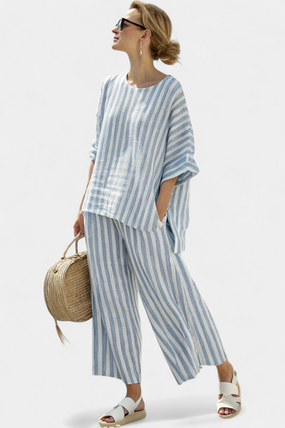 Bella Brisa™ | Conjunto Mediterráneo Con Rayas Azuladas Y Corte Oversize