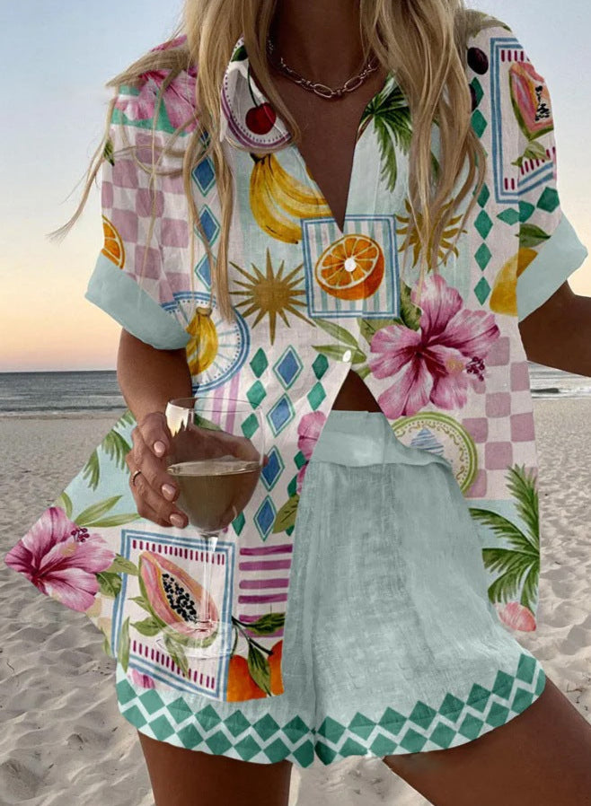 Conjunto Corto de Lino Estampado Frutas