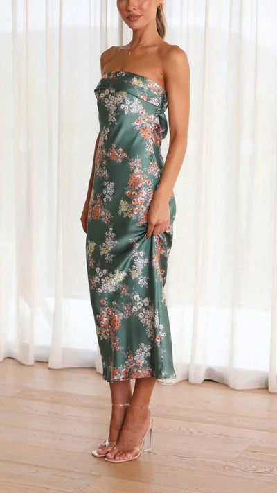Vestido Largo Strapless de Satén Verde con Estampado Floral | Bella Brisa