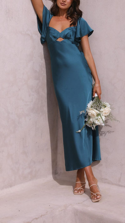 Vestido Midi con Escote Corazón, Mangas Mariposa y Abertura Frontal | Bella Brisa