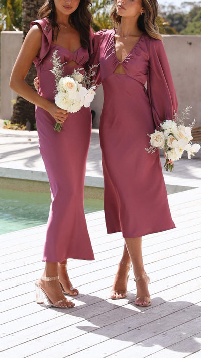 Vestido Midi con Escote Corazón, Mangas Mariposa y Abertura Frontal | Bella Brisa