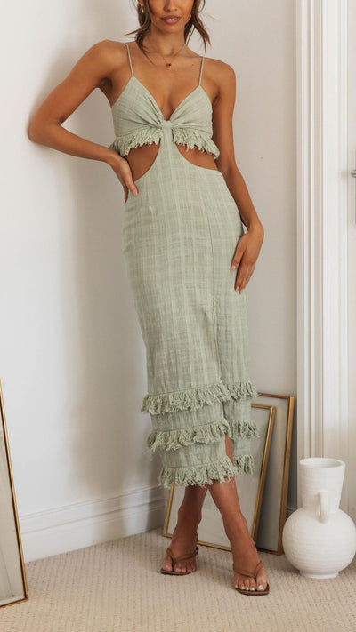 Vestido Midi Verde Salvia Serenity con Flecos | Bella Brisa
