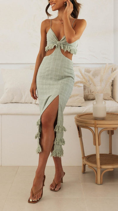 Vestido Midi Verde Salvia Serenity con Flecos | Bella Brisa