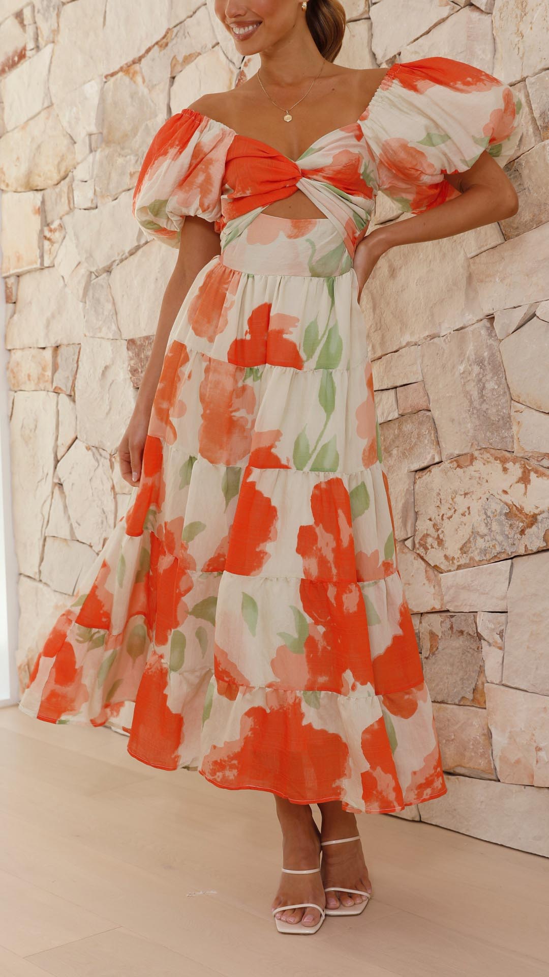 Vestido largo floral naranja con mangas abullonadas | Bella Brisa