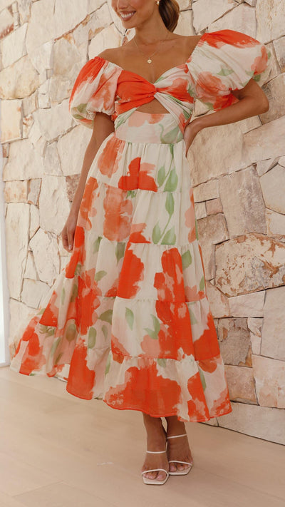 Vestido largo floral naranja con mangas abullonadas | Bella Brisa