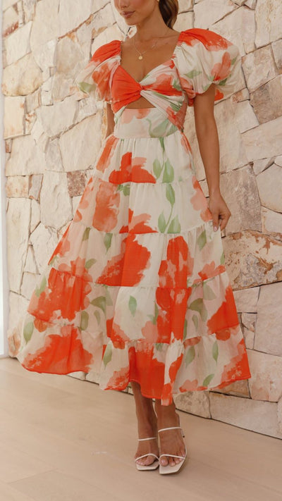 Vestido largo floral naranja con mangas abullonadas | Bella Brisa