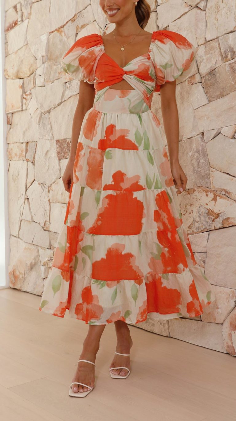 Vestido largo floral naranja con mangas abullonadas | Bella Brisa