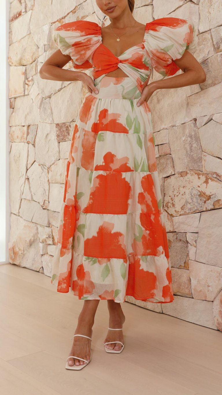 Vestido largo floral naranja con mangas abullonadas | Bella Brisa