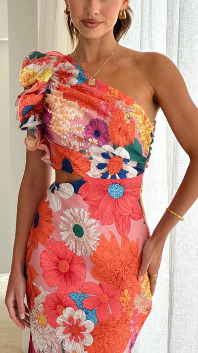Vestido Largo Asimétrico con Estampado Floral y Abertura Lateral | Bella Brisa