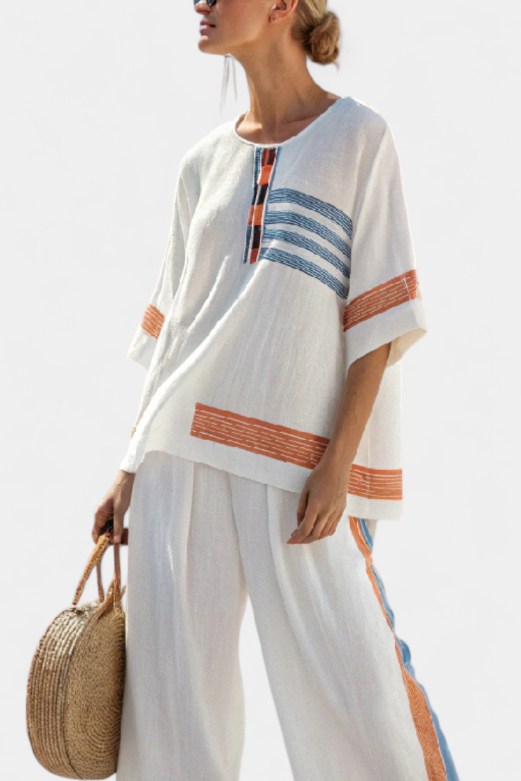 Bella Brisa™ | Conjunto Étnico Con Detalles A Rayas Azul Y Naranja