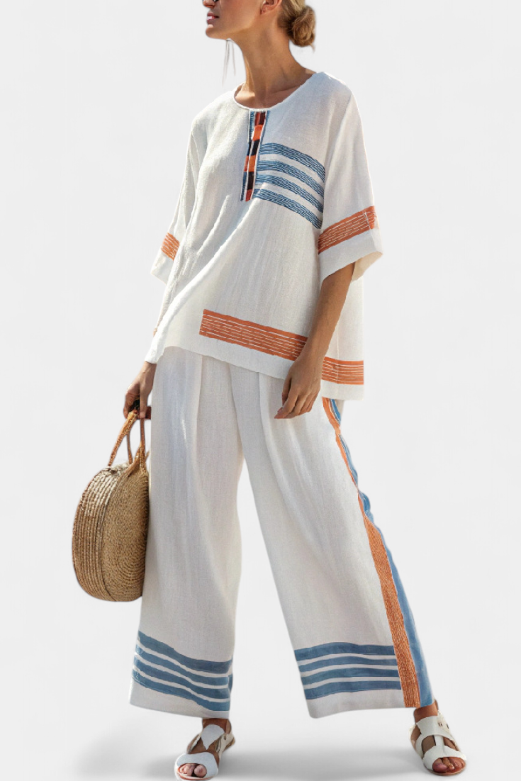 Bella Brisa™ | Conjunto Étnico Con Detalles A Rayas Azul Y Naranja