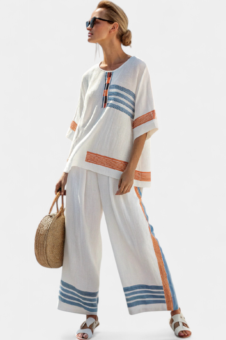 Bella Brisa™ | Conjunto Étnico Con Detalles A Rayas Azul Y Naranja