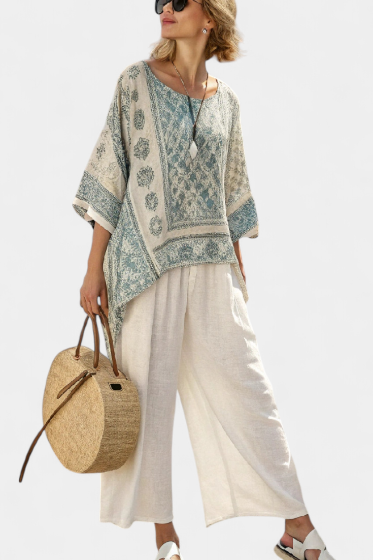 Bella Brisa™ |  Conjunto Boho De Blusa Estampada Y Pantalones Anchos